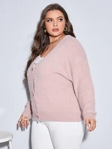 Calvaya Plus Solid Tie Back Button Front Drop Shoulder Cardigan - Baby Pink - View 5