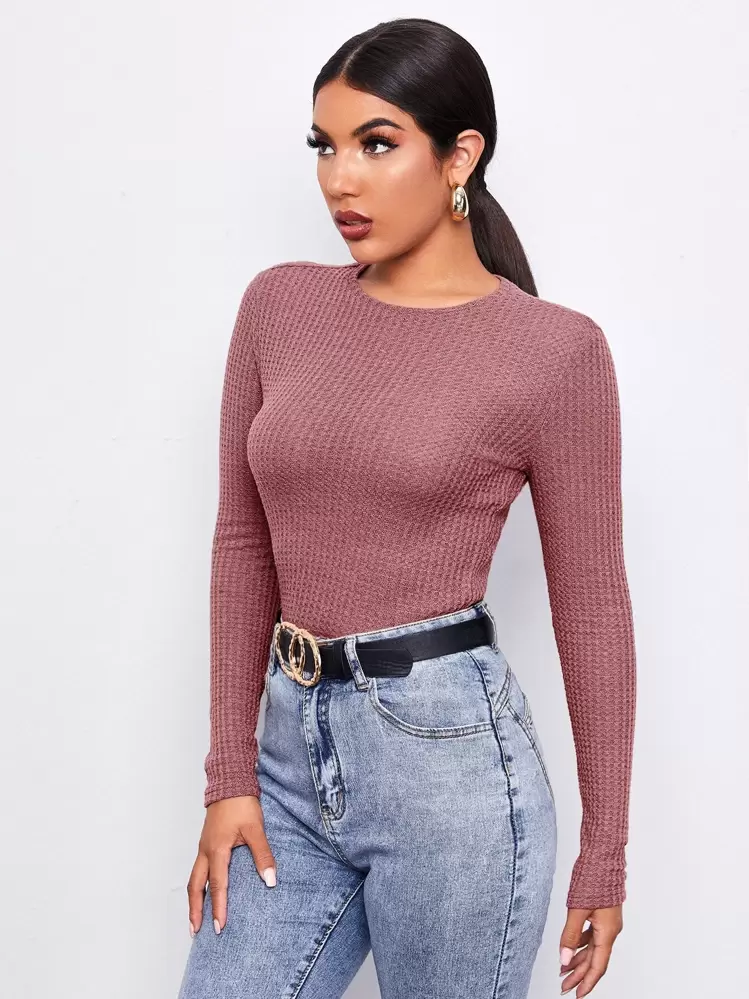 SHEIN Essnce ラウンドネック リブニット 無地柄Tシャツ - レッドウッド - 見る 3