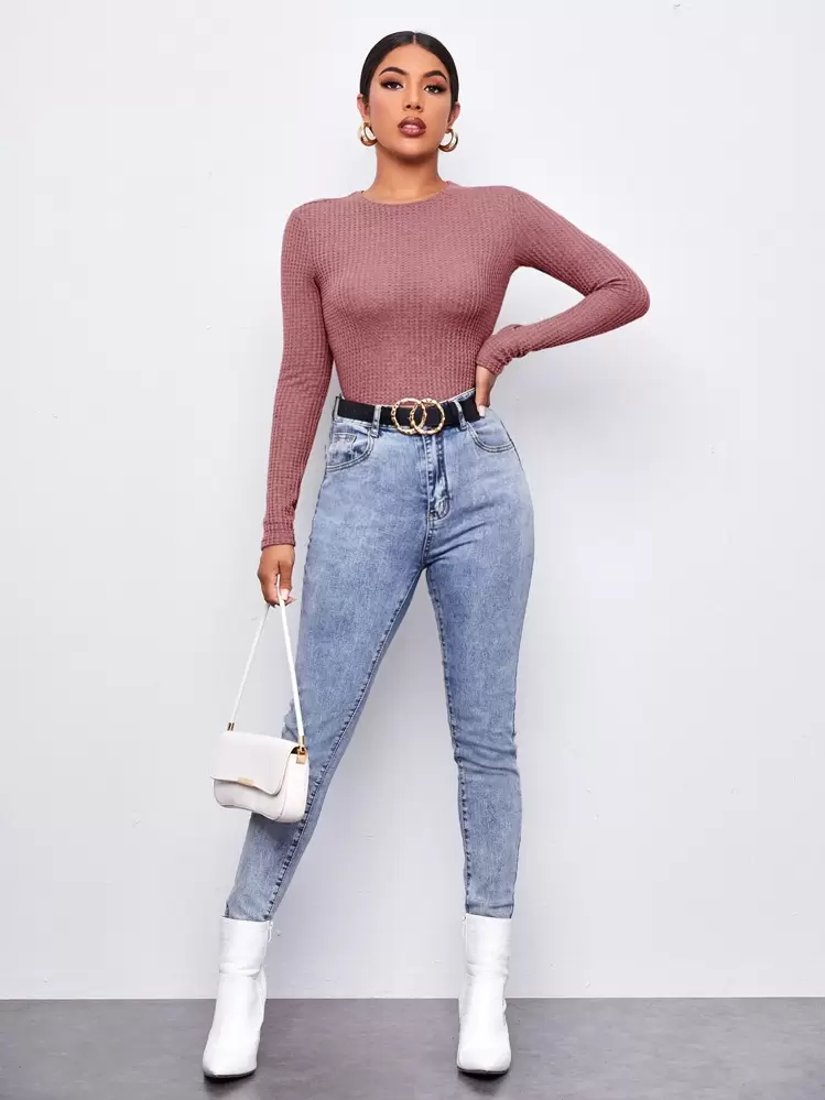 SHEIN Essnce ラウンドネック リブニット 無地柄Tシャツ - レッドウッド - 見る 4