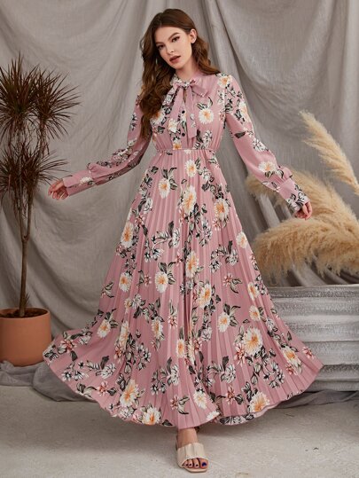 Modelyn 印花繫帶領百褶連衣裙