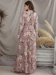 Modelyn Váy dài tay xếp ly cổ buộc họa tiết hoa giản dị - Bụi hồng - Xem 2