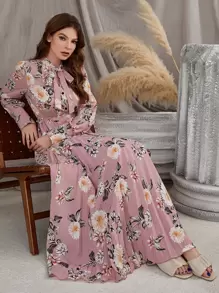 Modelyn Váy dài tay xếp ly cổ buộc họa tiết hoa giản dị - Bụi hồng - Xem 3