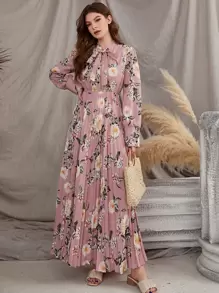 Modelyn Váy dài tay xếp ly cổ buộc họa tiết hoa giản dị - Bụi hồng - Xem 4