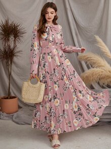 Modelyn Váy dài tay xếp ly cổ buộc họa tiết hoa giản dị - Bụi hồng - Xem 5