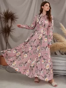 Modelyn Váy dài tay xếp ly cổ buộc họa tiết hoa giản dị - Bụi hồng - Xem 6