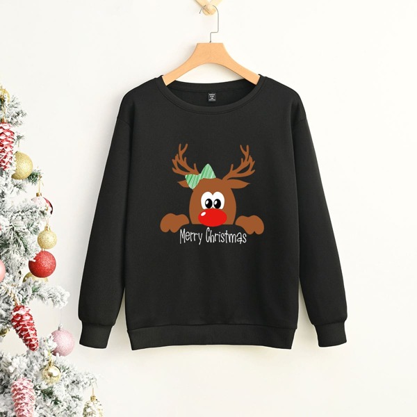 

Plus Christmas Elk And Slogan Graphic Thermal Lined Sweatshirt, Black