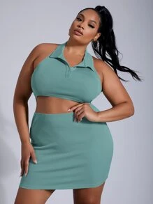 SHEIN SXY 大碼露背繞頸短上衣和包臀半身裙 - 青碧色 - 查看 1