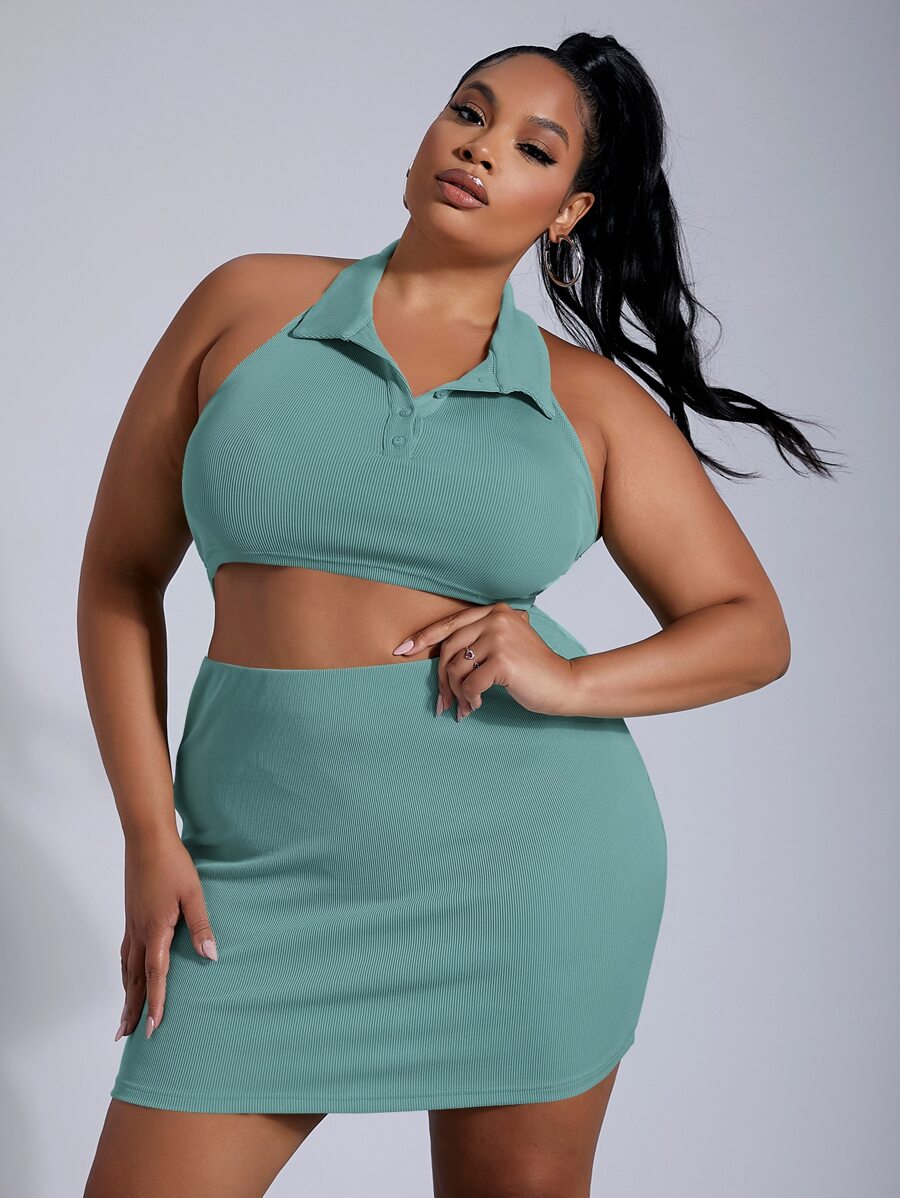 SHEIN SXY 大碼露背繞頸短上衣和包臀半身裙 - 青碧色 - 查看 1