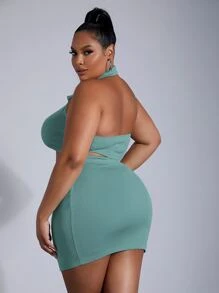 SHEIN SXY 大碼露背繞頸短上衣和包臀半身裙 - 青碧色 - 查看 2