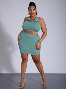 SHEIN SXY 大碼露背繞頸短上衣和包臀半身裙 - 青碧色 - 查看 4