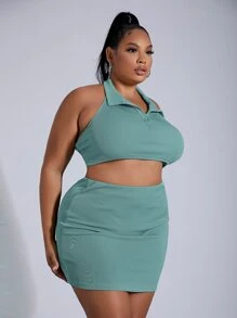 SHEIN SXY 大碼露背繞頸短上衣和包臀半身裙 - 青碧色 - 查看 5