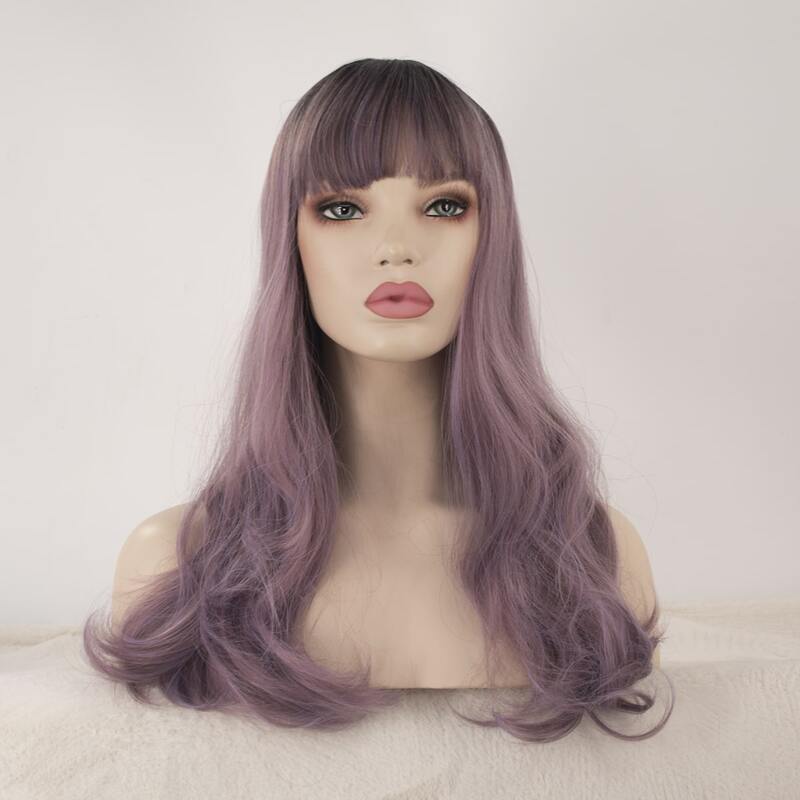 

Natural Long Curly Wig With Bangs, Purple
