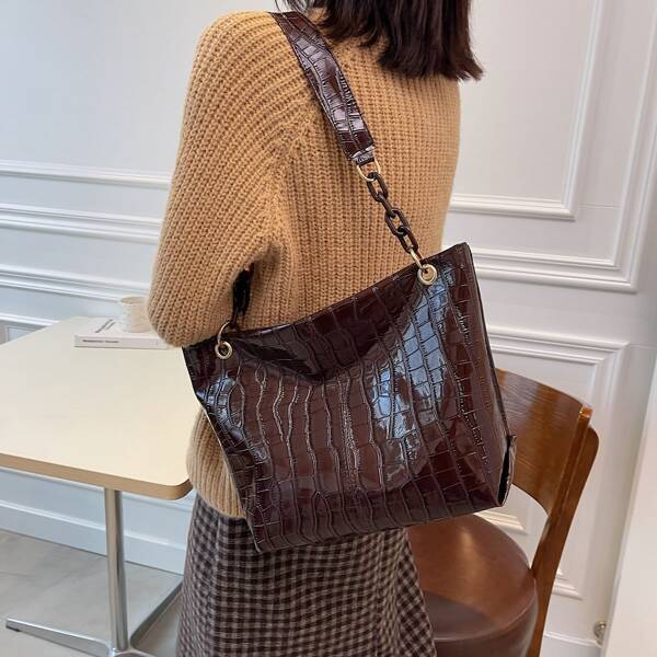 

Croc Embossed Chain Shoulder Bag, Brown