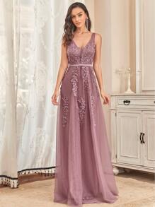 EVERPRETTY Applique Detail Low Back Mesh Bridesmaid Dress - Dusty Pink - View 3