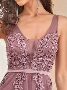 EVERPRETTY Applique Detail Low Back Mesh Bridesmaid Dress - Dusty Pink - View 4