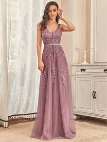 EVERPRETTY Applique Detail Low Back Mesh Bridesmaid Dress - Dusty Pink - View 5