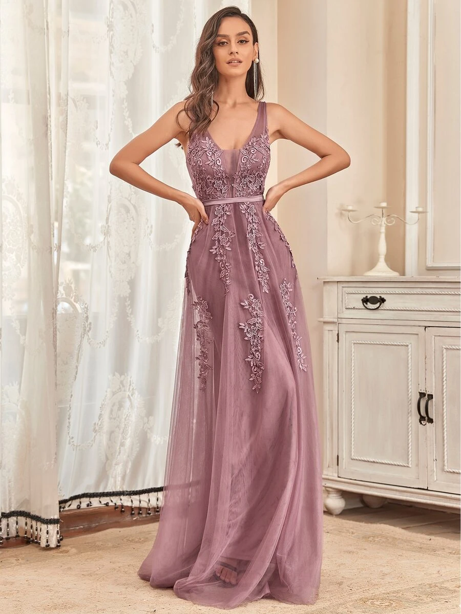 EVERPRETTY Applique Detail Low Back Mesh Bridesmaid Dress - Dusty Pink - View 1