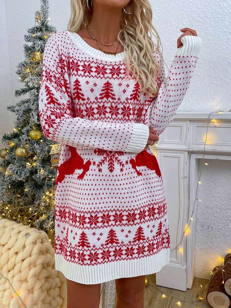 christmas reindeer mixed print knit long sleeve dress elegant womens dress autumn winter featuring christmas