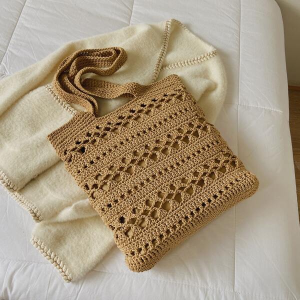

Hollow Out Detail Crochet Tote Bag, Khaki