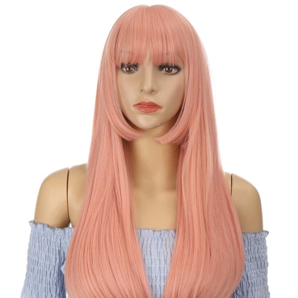 

Natural Long Straight Wig With Bangs, Pink