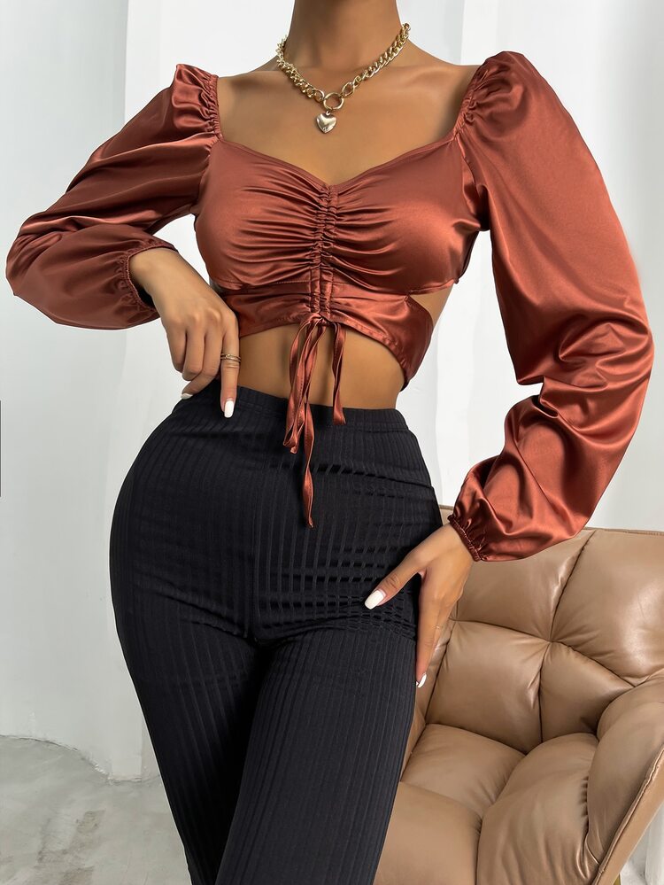 Zolique Sweetheart Neck Drawstring Ruched Tie Back Crop Satin Blouse - Rust Brown - View 6