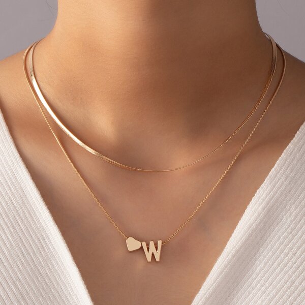 

Letter & Heart Charm Layered Necklace, Gold
