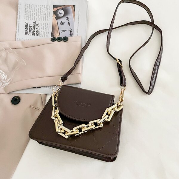 

Quilted Pattern Chain Satchel Bag, Coffee brown