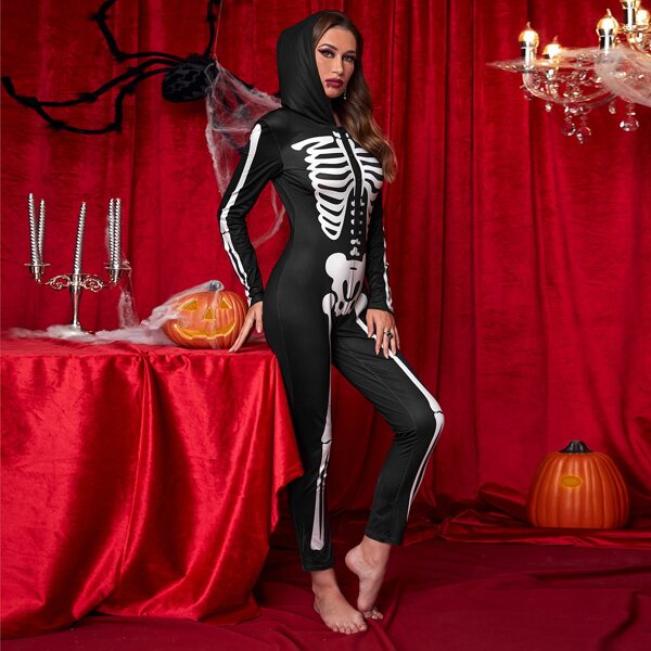 

Halloween Skeleton Print Contrast Side Seam Hooded Sleep Jumpsuit, Black and white