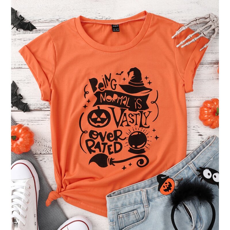 

Round Neck Halloween Print Tee, Orange