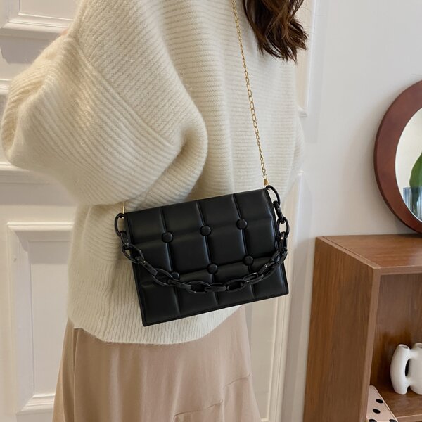 

Button Decor Chain Square Bag, Black