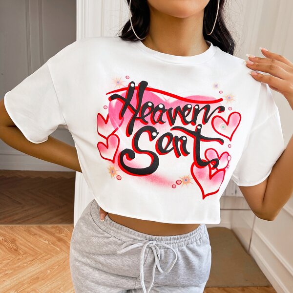 

Heart & Slogan Print Drop Shoulder Crop Tee, White