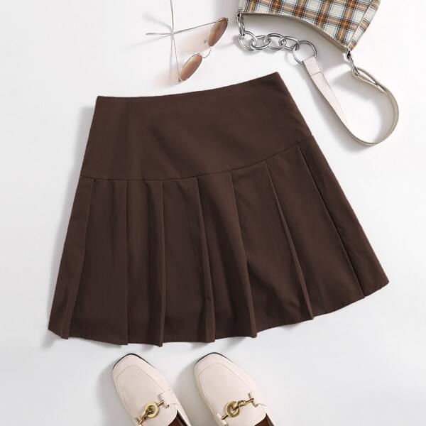

Solid Pleated Mini Skirt, Chocolate brown
