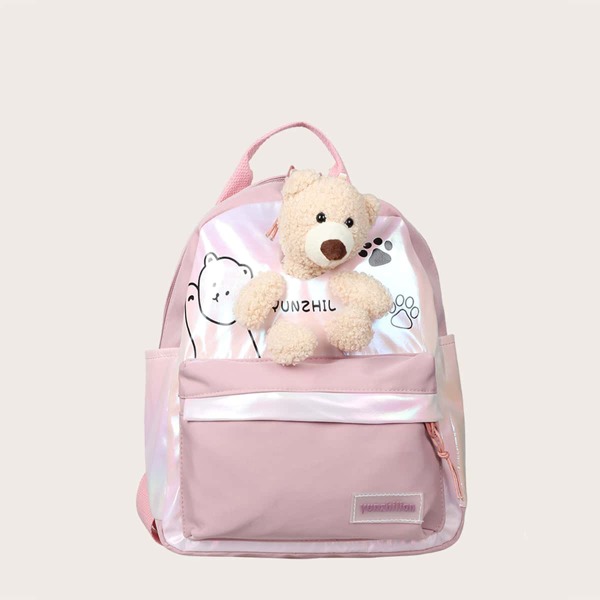 

Girls Cartoon Bear Decor Holographic Backpack, Pink