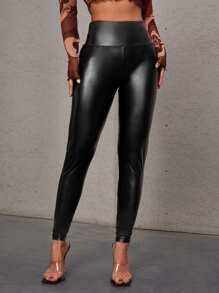SHEIN Wideband Waist PU Leather Leggings - Black - View 1