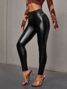 SHEIN Wideband Waist PU Leather Leggings - Black - View 4
