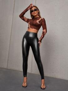 SHEIN Wideband Waist PU Leather Leggings - Black - View 5