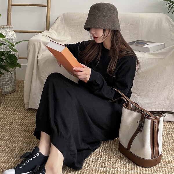 

Solid Round Neck Sweater Dress, Black
