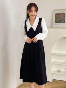 DAZY 後綁帶褶皺洋裝和襯衫 - 黑與白 - 查看 1