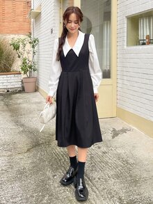 DAZY 後綁帶褶皺洋裝和襯衫 - 黑與白 - 查看 4