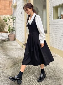 DAZY 後綁帶褶皺洋裝和襯衫 - 黑與白 - 查看 5