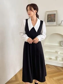 DAZY 後綁帶褶皺洋裝和襯衫 - 黑與白 - 查看 6