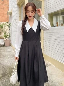 DAZY 後綁帶褶皺洋裝和襯衫 - 黑與白 - 查看 8