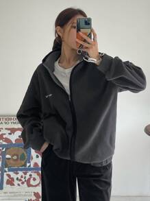 DAZY Letter Embroidery Zip Up Drop Shoulder Hooded Fleece Jacket - Dark Grey - View 1