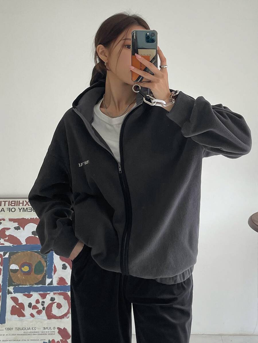 DAZY Letter Embroidery Zip Up Drop Shoulder Hooded Fleece Jacket - Dark Grey - View 1