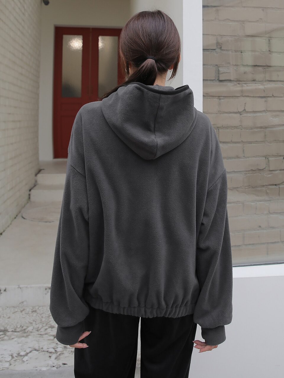 Letter Embroidery Zip Up Drop Shoulder Hooded Fleece Jacket