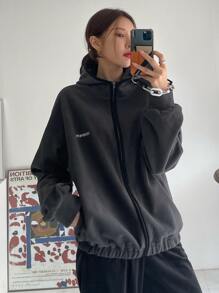 DAZY Letter Embroidery Zip Up Drop Shoulder Hooded Fleece Jacket - Dark Grey - View 3