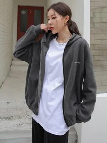 DAZY Letter Embroidery Zip Up Drop Shoulder Hooded Fleece Jacket - Dark Grey - View 4