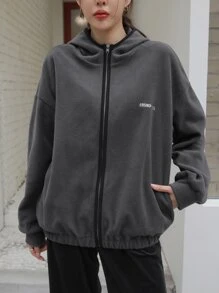 DAZY Letter Embroidery Zip Up Drop Shoulder Hooded Fleece Jacket - Dark Grey - View 5