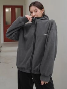 DAZY Letter Embroidery Zip Up Drop Shoulder Hooded Fleece Jacket - Dark Grey - View 6