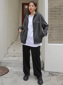 DAZY Letter Embroidery Zip Up Drop Shoulder Hooded Fleece Jacket - Dark Grey - View 7